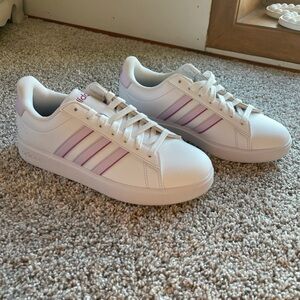 adidas Women's White Sneakers with Light Pink/Light Purple Stripes